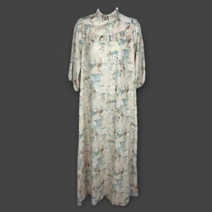 70s JaneM Honolulu House Dress Muu Muu Cream Floral Modest House Robe Medium
